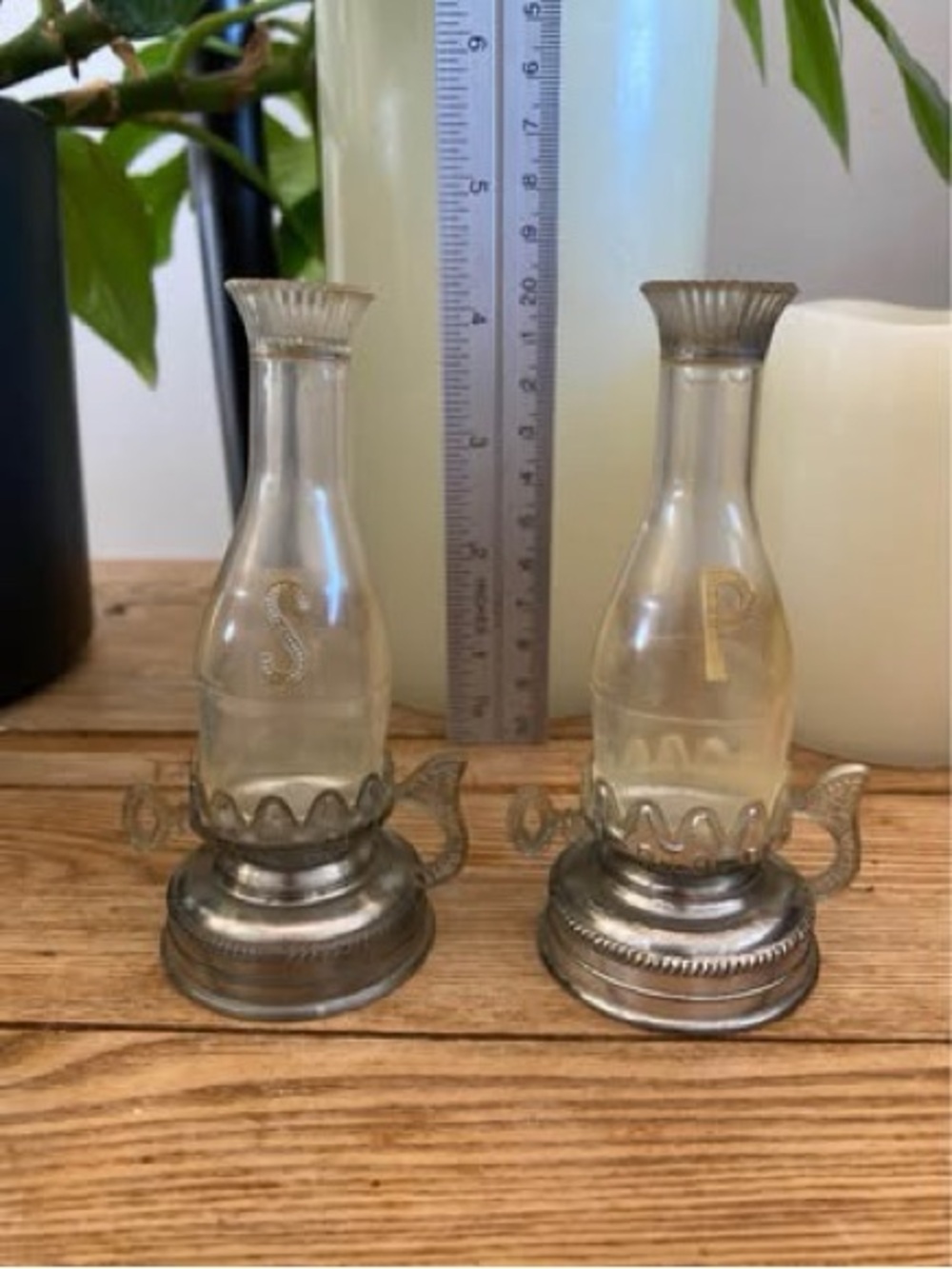 Vintage Mid-Century Plastic Metal Miniature Hurricane Lamp Salt & Pepper Shakers